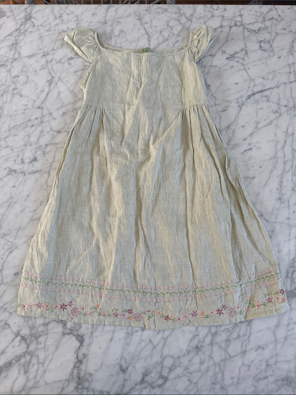 Gingersnaps Floral Embroidered Girls Sz 10/12Y Linen Cap Sleeve Dress Cottageco